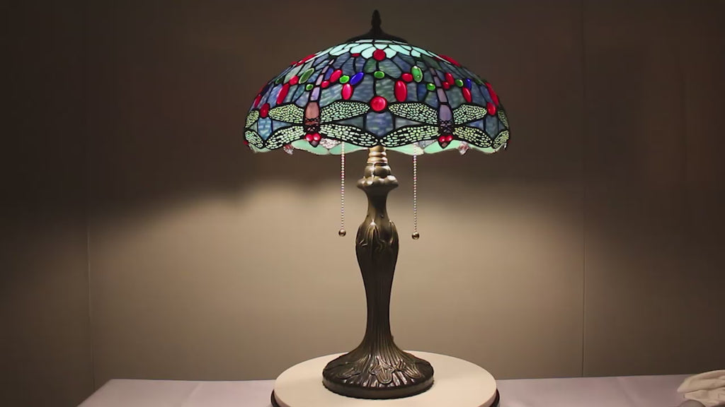 Ballico Tiffany Lamp Sea Blue Stained Glass Table Lamp 12X12X18 Inches  Dragonfly Style Desk Reading Light