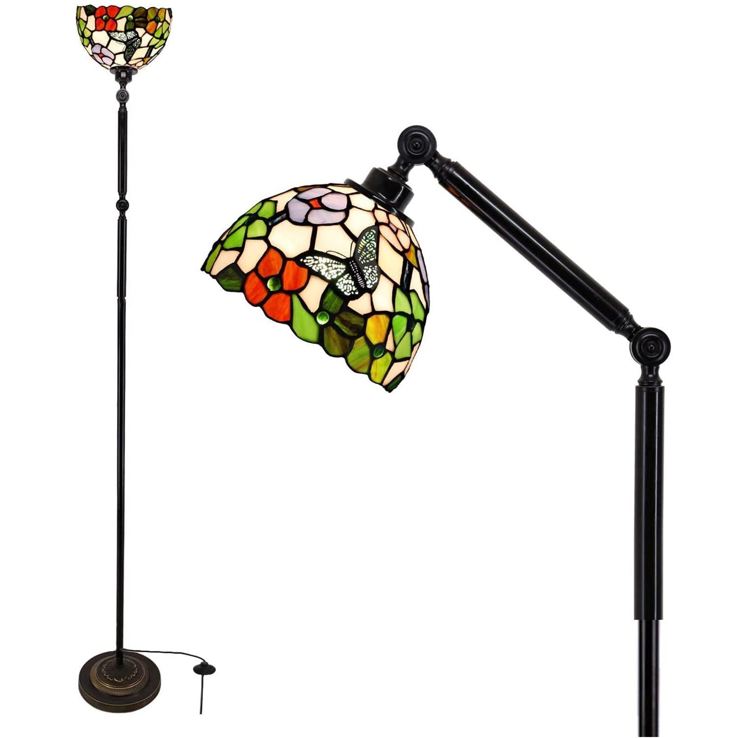 Werfactory® Torchiere Tiffany Floor Lamp Stained Glass Butterfly Arched Gooseneck Reading Light
