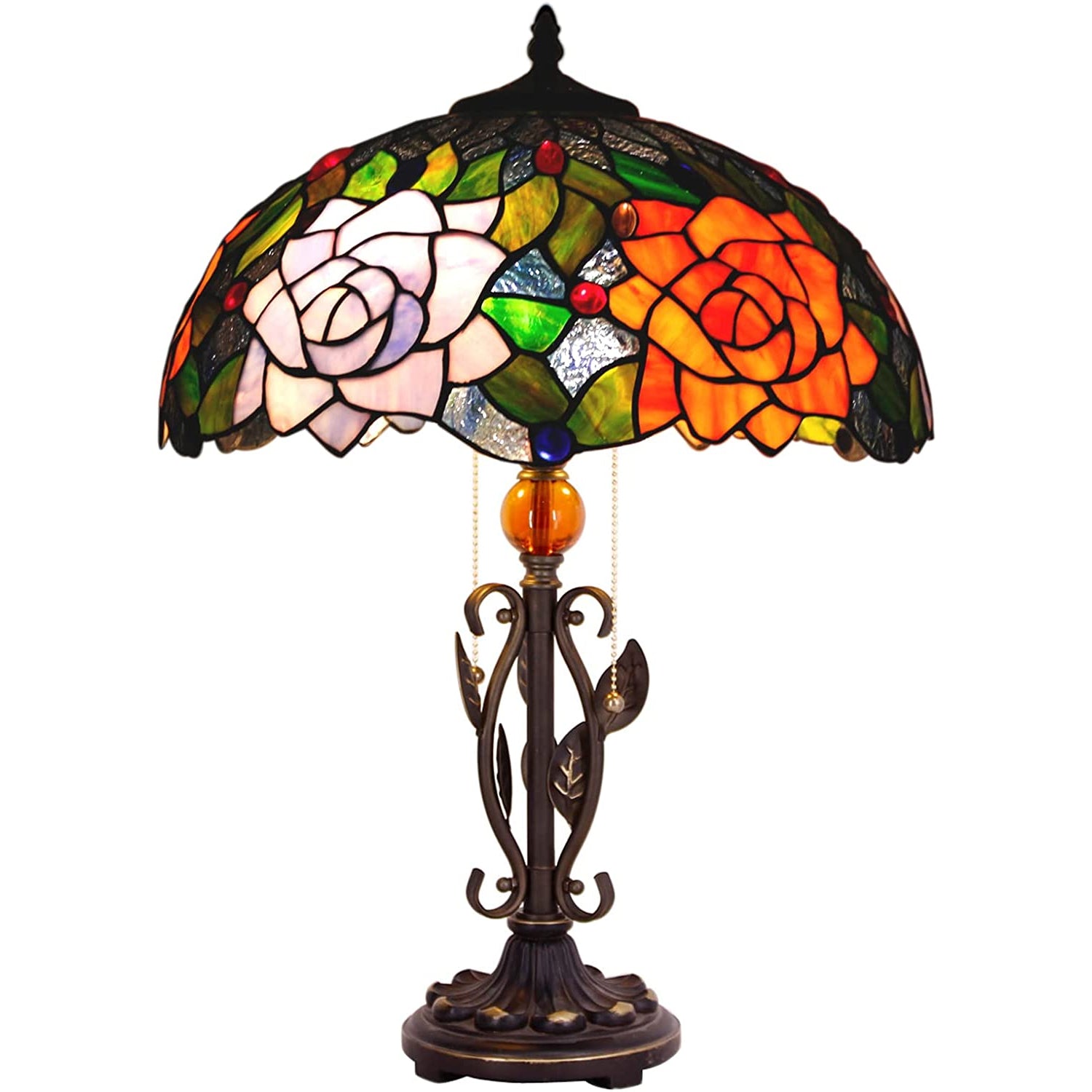 Tiffany Table Lamp Rose Stained Glass Desk Light W16H24 Inch with Iron Metal Leaves Style
