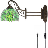 WERFACTORY Tiffany Wall Sconce Lamp W8L19 Inch Swing Arm Up Down Light Green Stained Glass Wisteria Shade S147 Living Room Bedroom Office Study Antique Metal