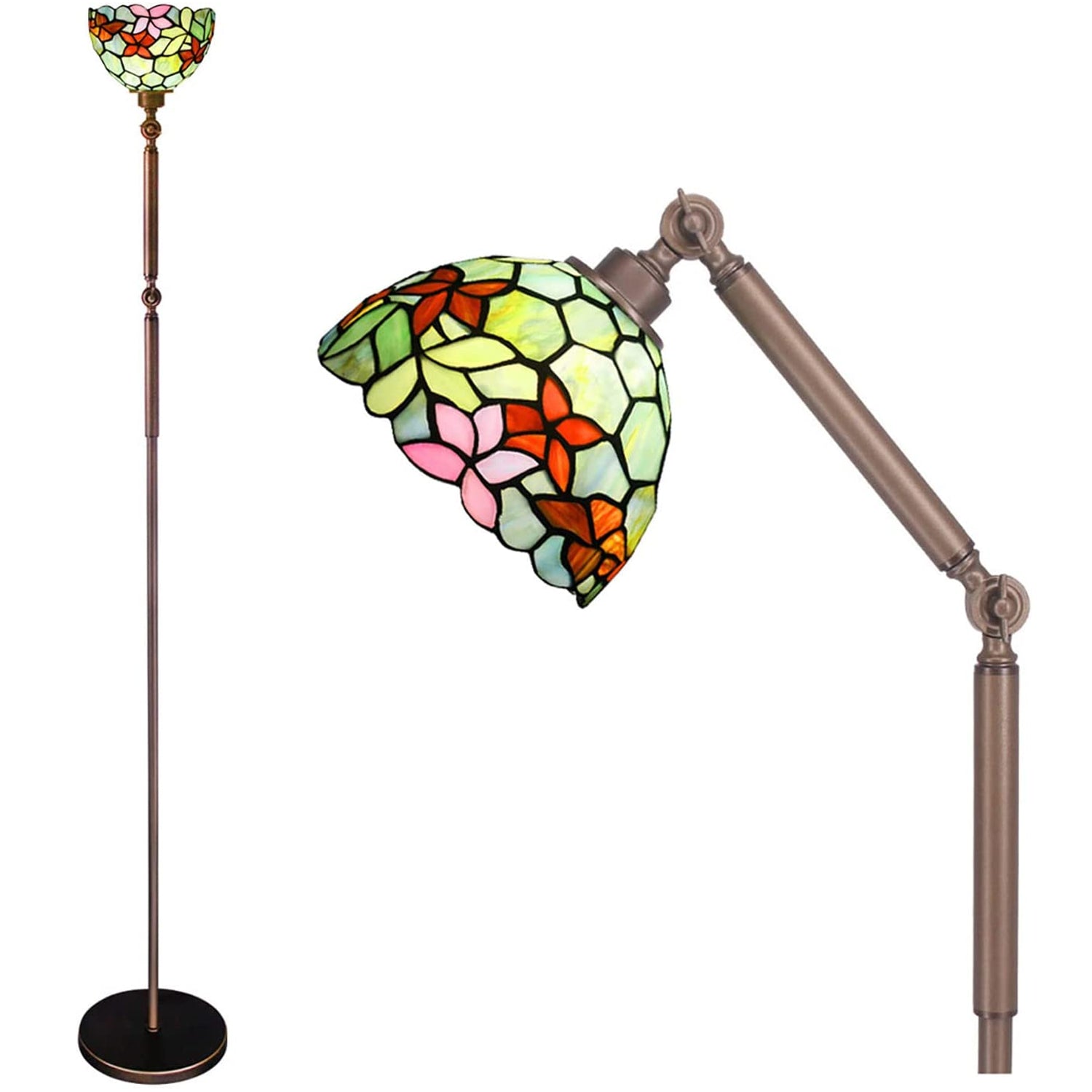 Werfactory® Torchiere Tiffany Floor Standing Stained Glass Flower Arched Lamp Swing Arm Angle Adjustable Reading Light