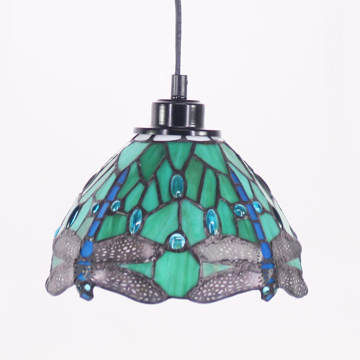 Werfactory® Tiffany Pendant Light 8 Inch Green Stained Glass Dragonfly Hanging Lamp