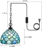 Werfactory® Tiffany Style Plug In Pendant Light Sea Blue Stained Glass Chandelier with 16.4 Ft Hanging Cord in Line On/Off Push Switch