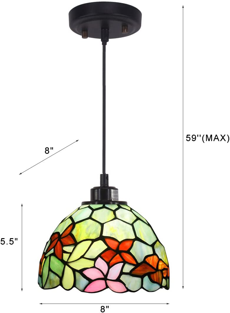 Werfactory® Tiffany Pendant Lighting Fixture 8 Inch Green Stained Glass Hanging Lamp