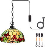 Werfactory® Tiffany Style Plug in Pendant Light 12 Inch Stained Glass Flower Hanging Lamp Chandelier