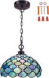 Werfactory® Tiffany Pendant Light Fixture 12 Inch Handmade Blue Stained Glass Hanging Lamp