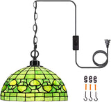 Werfactory® Tiffany Style Plug in Pendant Light 12 Inch Green Stained Glass Hanging Lamp