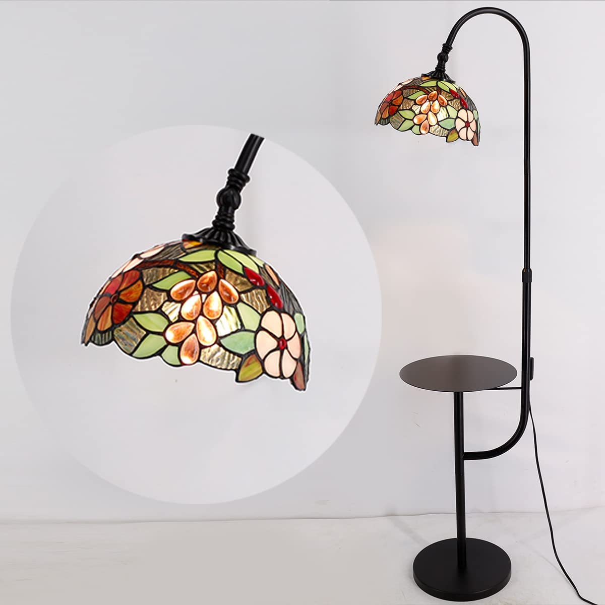 Tiffany Floor Lamp with Storage Shelves End Table Stained Glass Green Grape Arched Gooseneck Style Reading Light