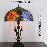 Tiffany Table Lamp Rose Stained Glass Desk Light W16H24 Inch with Iron Metal Leaves Style