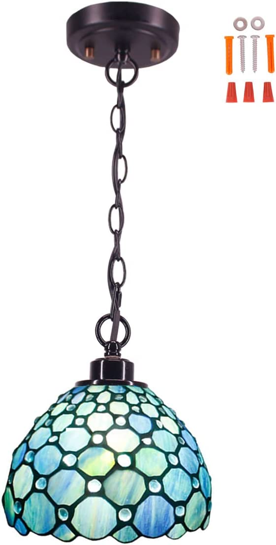 Werfactory® Tiffany Style Pendant Lighting Fixture Small 8 Inch Sea Blue Stained Glass