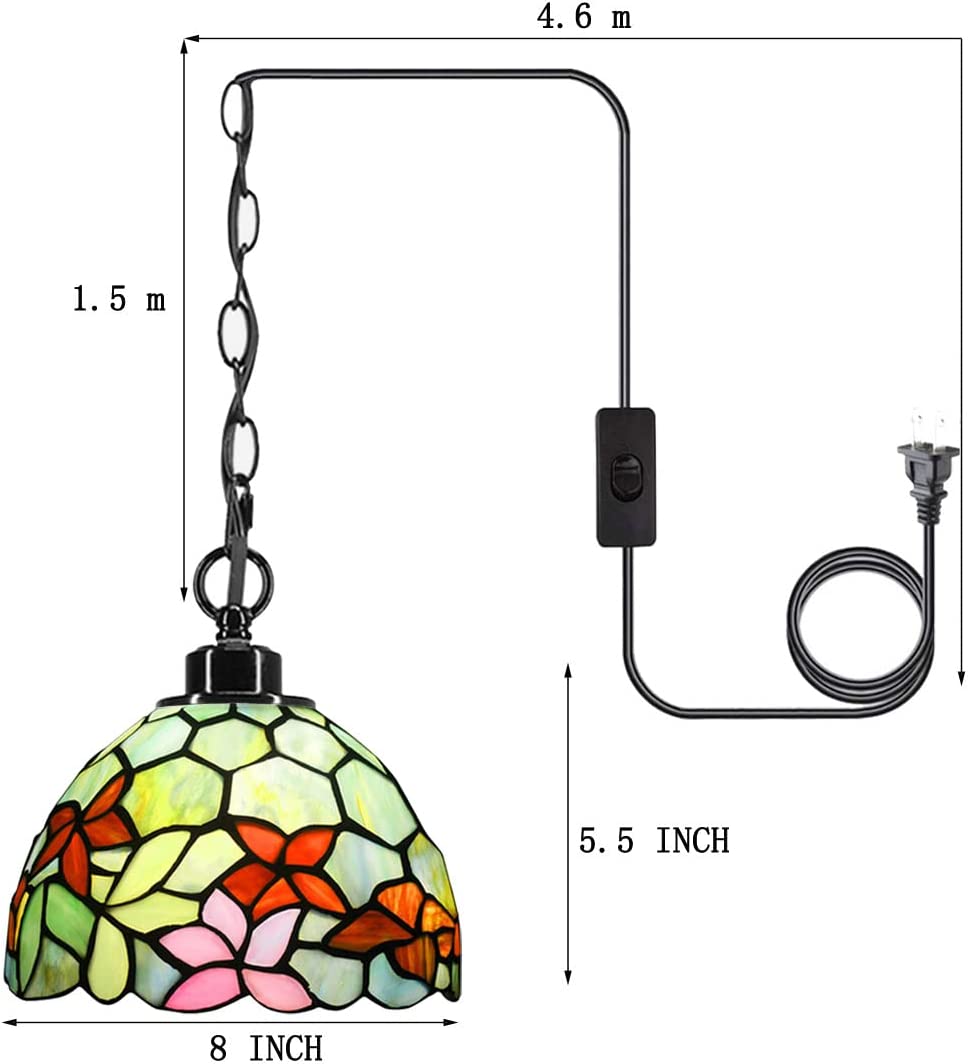 Werfactory® Small Tiffany Style Plug in Pendant Light Stained Glass Flower Chandelier