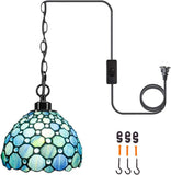 Werfactory® Tiffany Style Plug In Pendant Light Sea Blue Stained Glass Chandelier with 16.4 Ft Hanging Cord in Line On/Off Push Switch