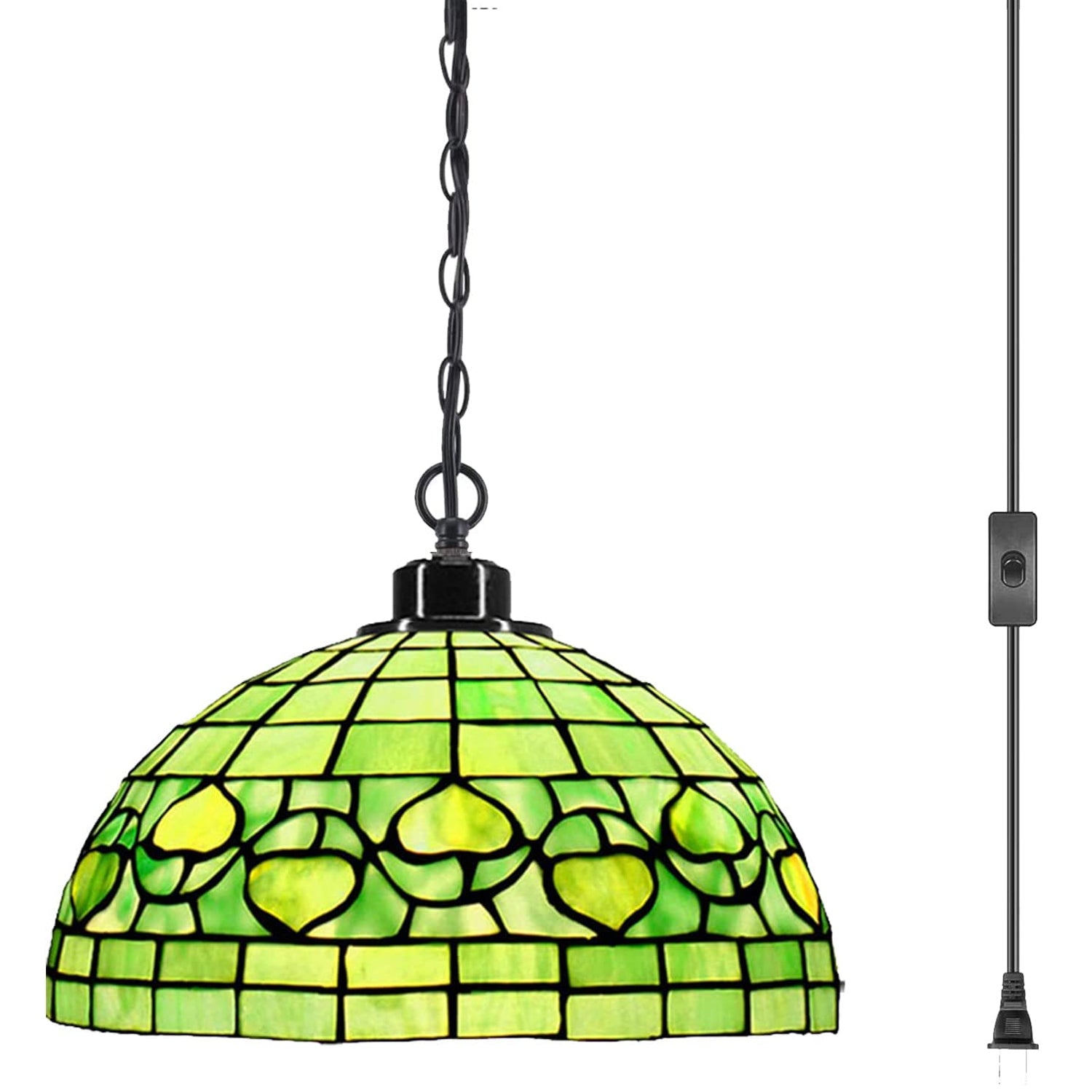 Werfactory® Tiffany Style Plug in Pendant Light 12 Inch Green Stained Glass Hanging Lamp