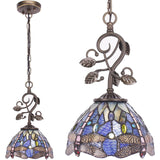 Werfactory®Tiffany Pendant Lighting, 8" Navy Blue Stained Glass Dragonfly Hanging Lamp