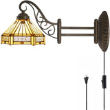 WERFACTORY Tiffany Wall Sconce Lamp W8L19 Inch Swing Arm Up Down Light Yellow Stained Glass Hexagon Mission Shade S011 Living Room Bedroom Office Study Antique Metal