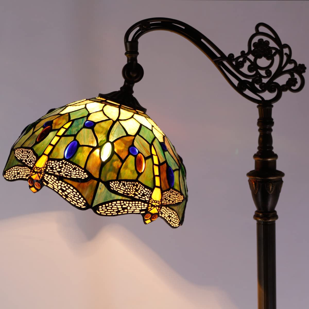 Werfactory® Tiffany Floor lamp, 67 Inch high Dragonfly Style Stained Glass Arched Gooseneck Lamp