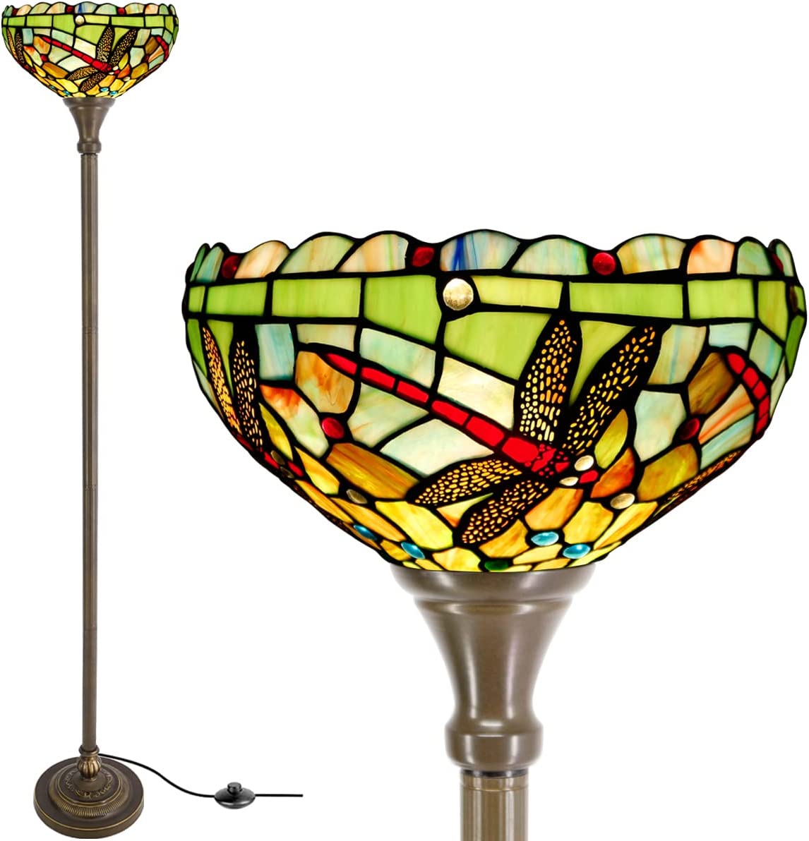 Werfactory® Torchiere Tiffany Floor Lamp Green Stained Glass  Dragonfly Torch Standing Light