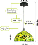 Werfactory® Tiffany Pendant Light Fixture 12 Inch Handmade Green Stained Glass Shade Hanging Lamp