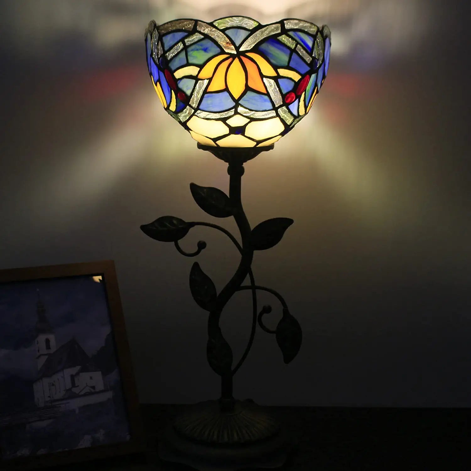 WERFACTORY Small Tiffany Table Lamp 8" Blue Stained Glass Lotus Style Shade 19" Tall Antique Vintage Metal Leaf Base Mini Bedside Accent Desk Torchiere Uplight
