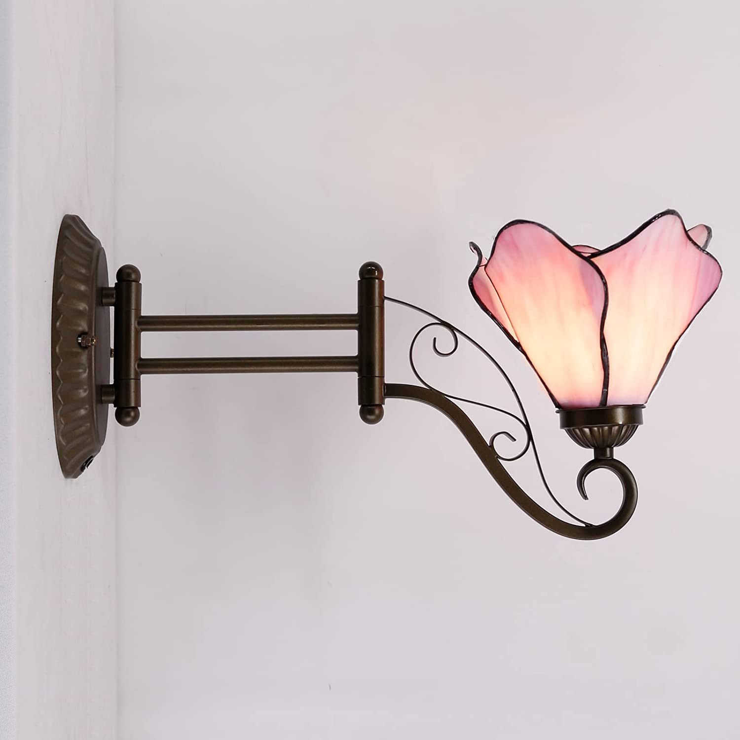 WERFACTORY Tiffany Wall Sconce Lamp W8L19 Inch Swing Arm Up Down Light Pink Stained Glass Lotus Shade S147 Living Room Bedroom Office Study Antique Metal