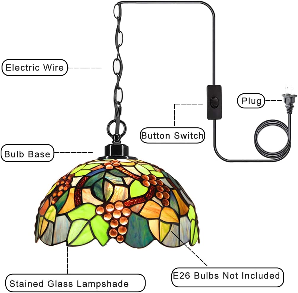 Werfactory® Tiffany Pendant Light 12 Inch Green Grape Style Stained Glass Chandelier
