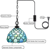 Werfactory® Tiffany Style Plug In Pendant Light Sea Blue Stained Glass Chandelier with 16.4 Ft Hanging Cord in Line On/Off Push Switch