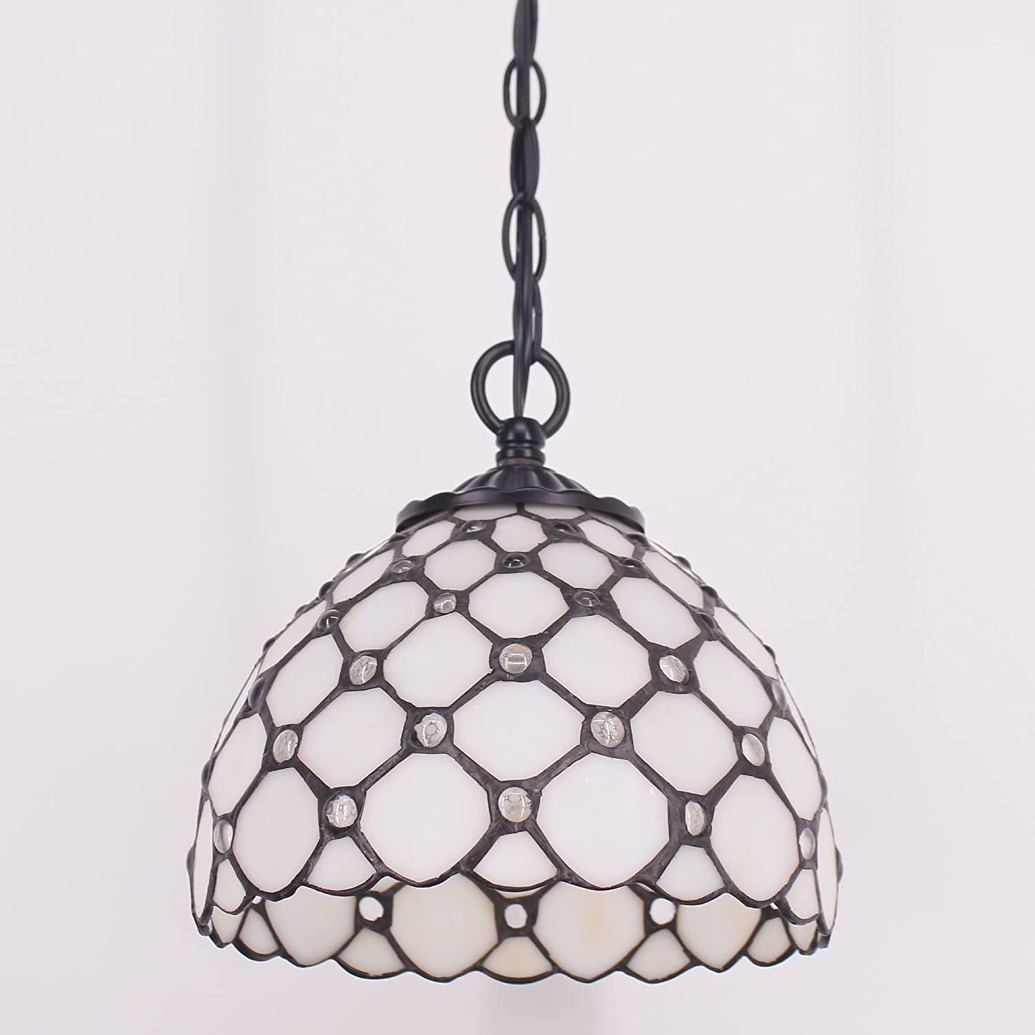 Werfactory® Tiffany Pendant Light with W8H7 Inch Crystal Beads White Stained Glass Hanging Lamp