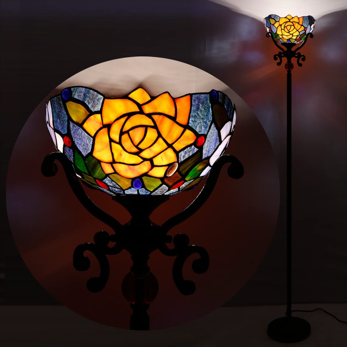 Tiffany Floor Lamp Stained Glass Red Rose Torchiere Light W10H70 Inch Antique Style