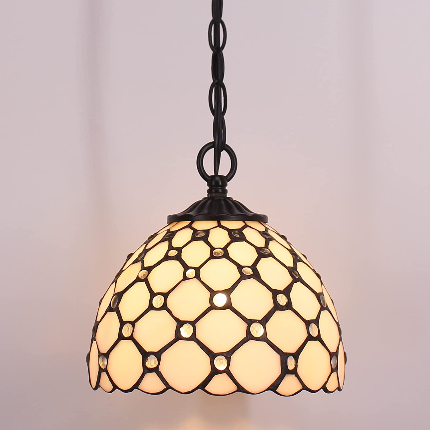 Werfactory® Tiffany Pendant Light with W8H7 Inch Crystal Beads White Stained Glass Hanging Lamp