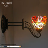 WERFACTORY Tiffany Wall Sconce Lamp W6L19 Inch Swing Arm Up Down Light Red Rose Stained Glass Shade S001 Living Room Bedroom Office Study Antique Metal