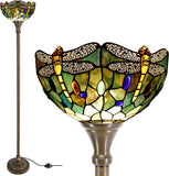 Werfactory® Torchiere Tiffany Floor Lamp 12X12X67 Inches Brown Stained Glass Dragonfly Torch Light