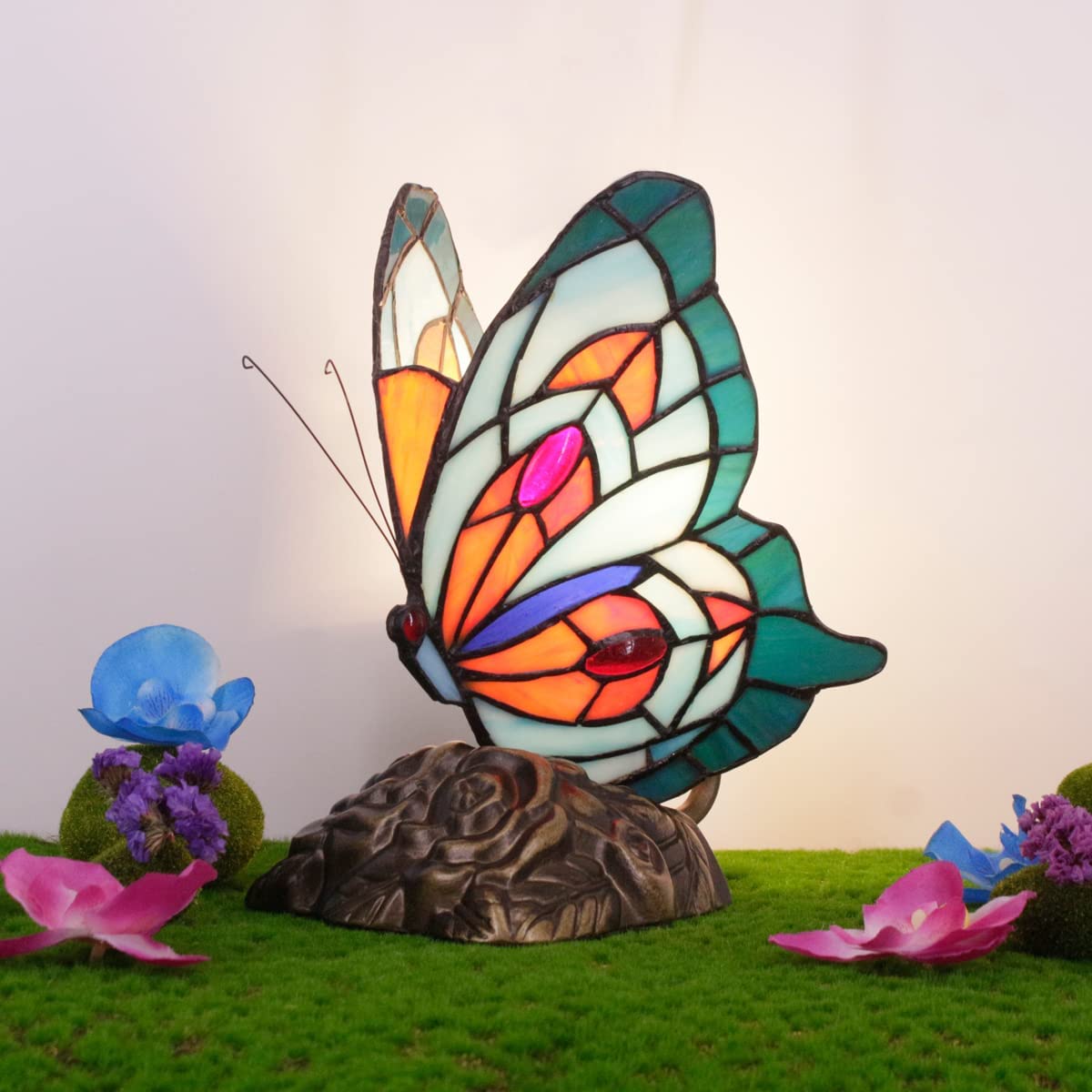 Werfactory® Tiffany Butterfly Style Table Lamp Blue Stained Glass Desk Night Light