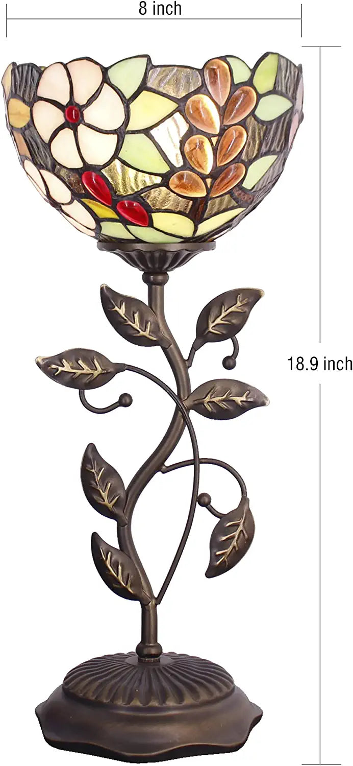 WERFACTORY Small Tiffany Table Lamp 8" Stained Glass Grape Style Shade 19" Tall Antique Vintage Metal Leaf Base Mini Bedside Accent Desk Torchiere Uplight
