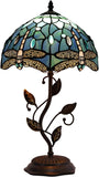 Tiffany Table Lamp, Stained Glass Lamp, Blue Dragonfly Desk Light W12H19 Inch Antique Iron Metal Leaves