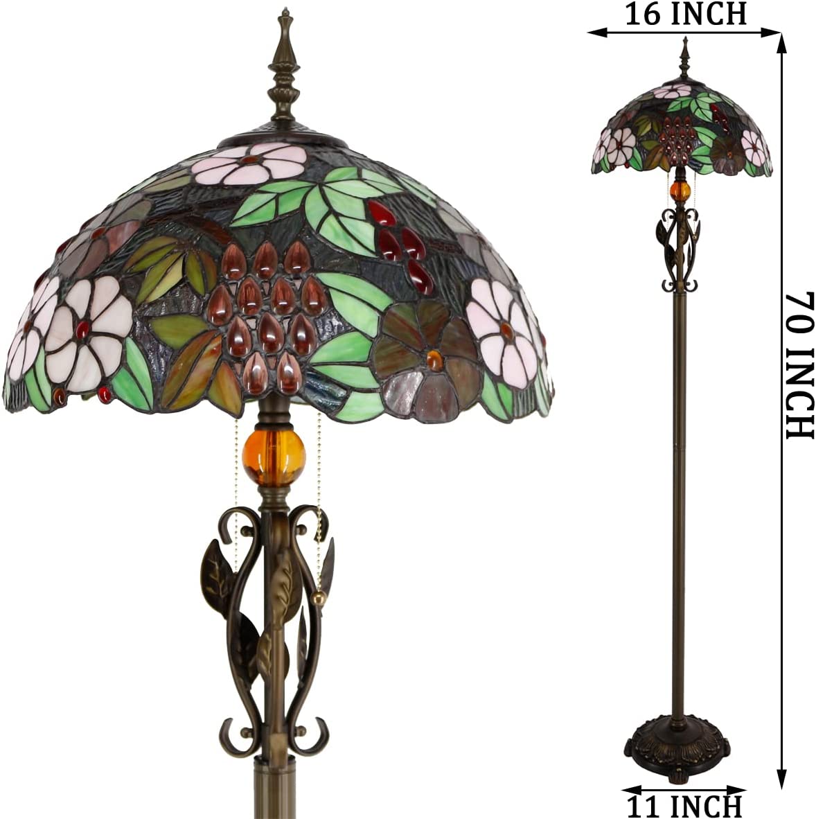 Tiffany Floor Lamp Stained Glass Green Grape Stainding Light W16H70 Inch Iron Metal Leaves Bronze Base