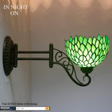 WERFACTORY Tiffany Wall Sconce Lamp W8L19 Inch Swing Arm Up Down Light Green Stained Glass Wisteria Shade S147 Living Room Bedroom Office Study Antique Metal
