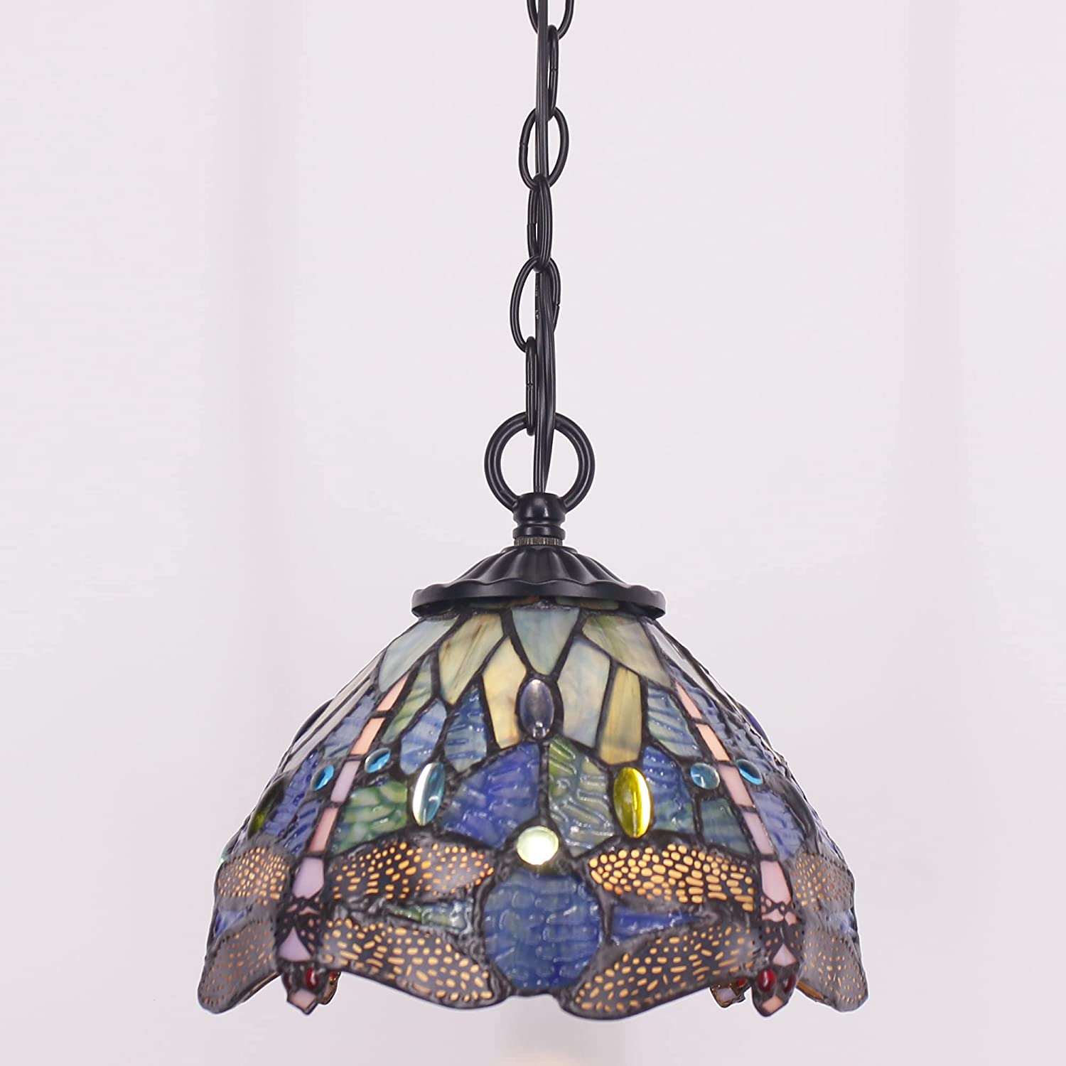Werfactory Tiffany Pendant Lighting Navy Blue Stained Glass Dragonfly Werfactory