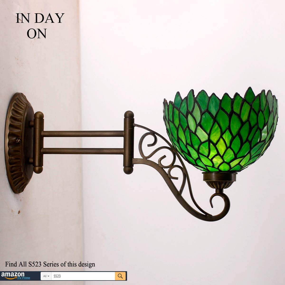 WERFACTORY Tiffany Wall Sconce Lamp W8L19 Inch Swing Arm Up Down Light Green Stained Glass Wisteria Shade S147 Living Room Bedroom Office Study Antique Metal