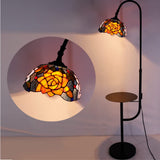 Tiffany Floor Lamp with Storage Shelves End Table Stained Glass Red Rose Arched Gooseneck Style Reading Light