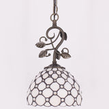 Werfactory®Tiffany Pendant Light with 8" Crystal Beads White Stained Glass Hanging Lamp