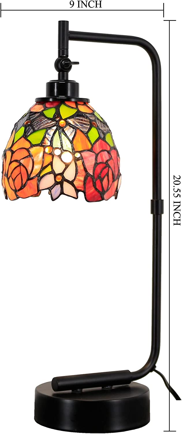 Werfactory® Small Tiffany Lamp W6H20 Inch Red Yellow Rose Stained Glass Table Lamp