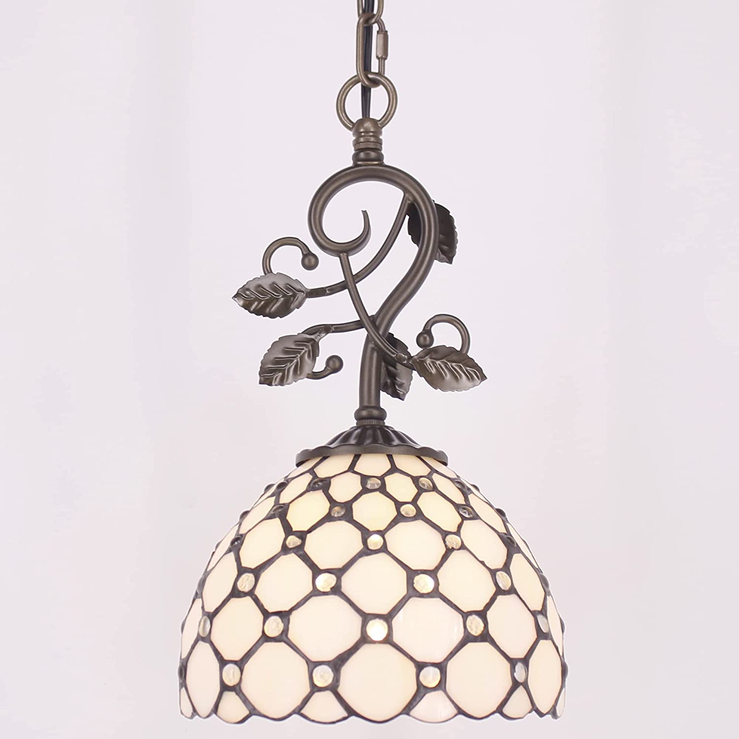 Werfactory®Tiffany Pendant Light with 8" Crystal Beads White Stained Glass Hanging Lamp