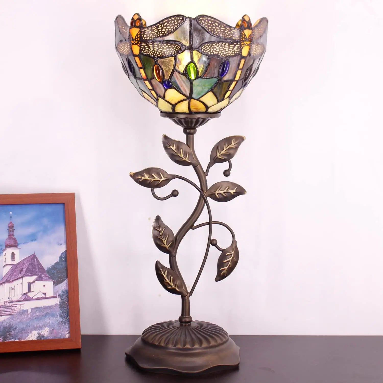 WERFACTORY Small Tiffany Table Lamp 8" Stained Glass Dragonfly Style Shade 19" Tall Antique Vintage Metal Leaf Base Mini Bedside Accent Desk Torchiere Uplight