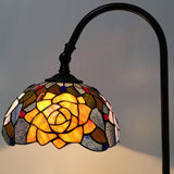 Tiffany Floor Lamp with Storage Shelves End Table Stained Glass Red Rose Arched Gooseneck Style Reading Light