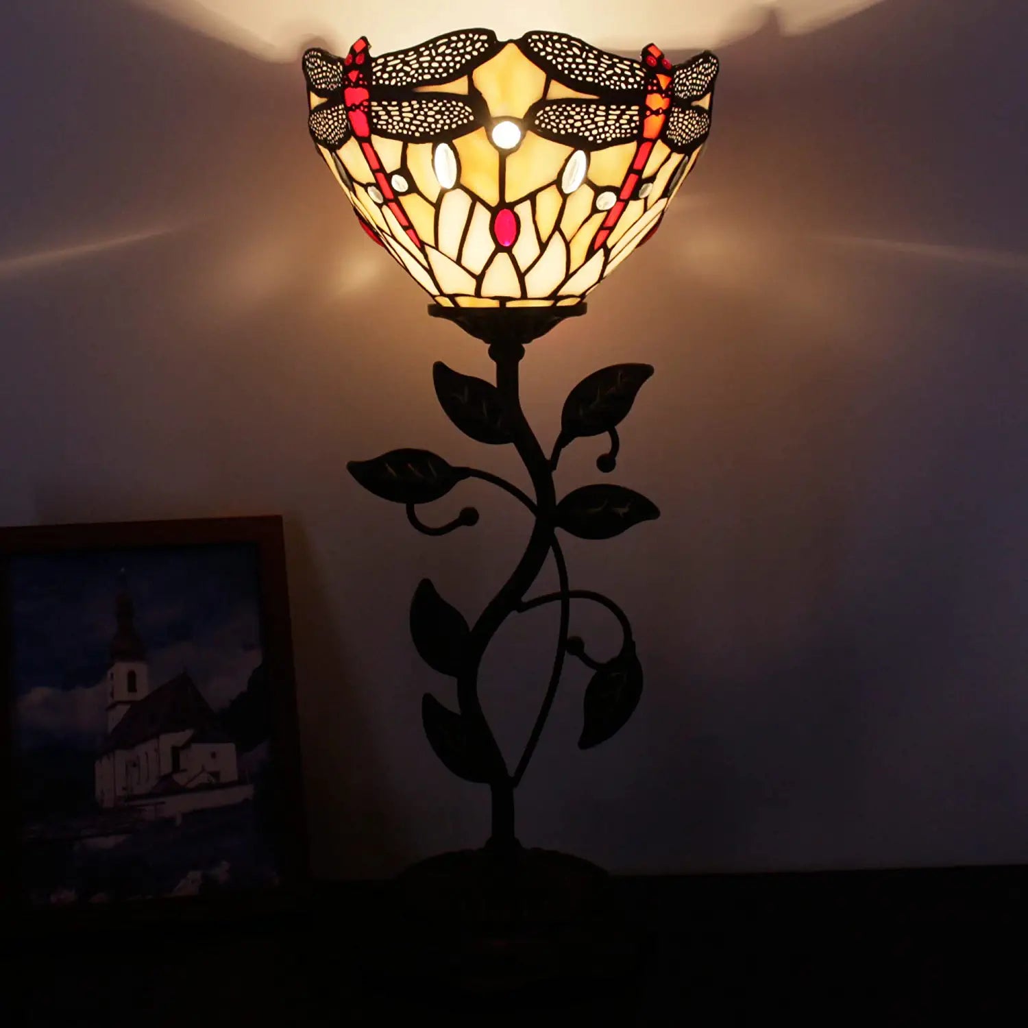 WERFACTORY Small Tiffany Table Lamp 8" Amber Stained Glass Dragonfly Style Shade 19" Tall Antique Vintage Metal Leaf Base Mini Bedside Accent Desk Torchiere Uplight