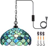 Werfactory® Tiffany Style Plug in Pendant Light Sea Blue Stained Glass Pearl Hanging Lamp