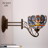 WERFACTORY Tiffany Wall Sconce Lamp W8L19 Inch Swing Arm Up Down Light Blue Purple Cloudy Stained Glass Shade S147 Living Room Bedroom Office Study Antique Metal