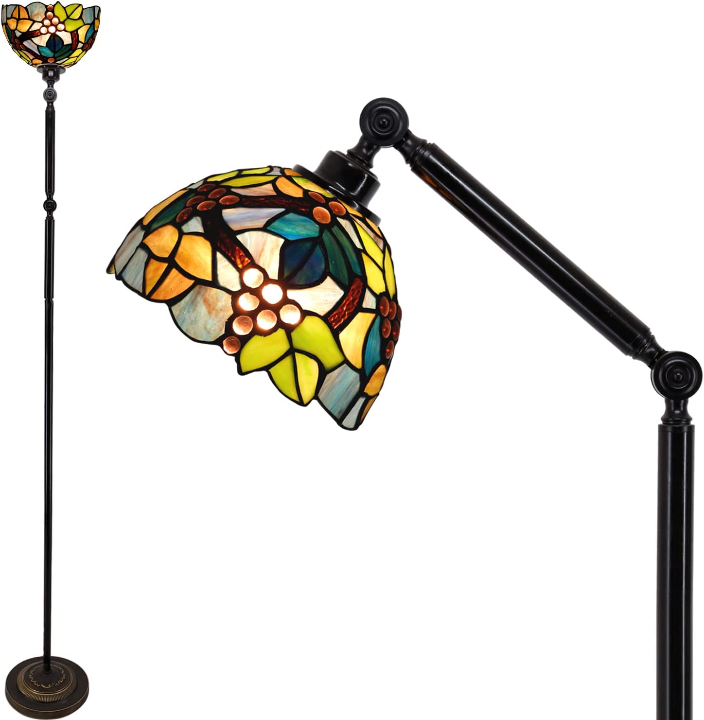 Werfactory® Torchiere Tiffany Floor Lamp Stained Glass Grape Arched Gooseneck Reading Light