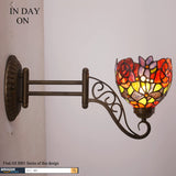 WERFACTORY Tiffany Wall Sconce Lamp W6L19 Inch Swing Arm Up Down Light Red Rose Stained Glass Shade S001 Living Room Bedroom Office Study Antique Metal