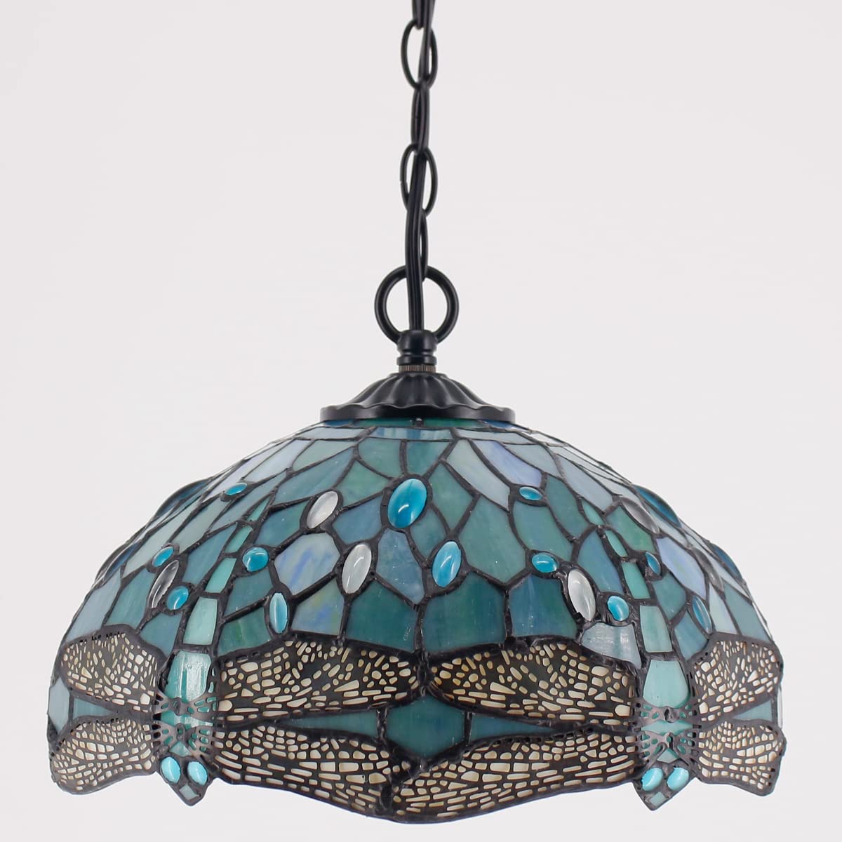 Tiffany Pendant Lamp Plug in Werfactory® Sea Blue Stained Glass Dragonfly 12 Inch Hanging Light